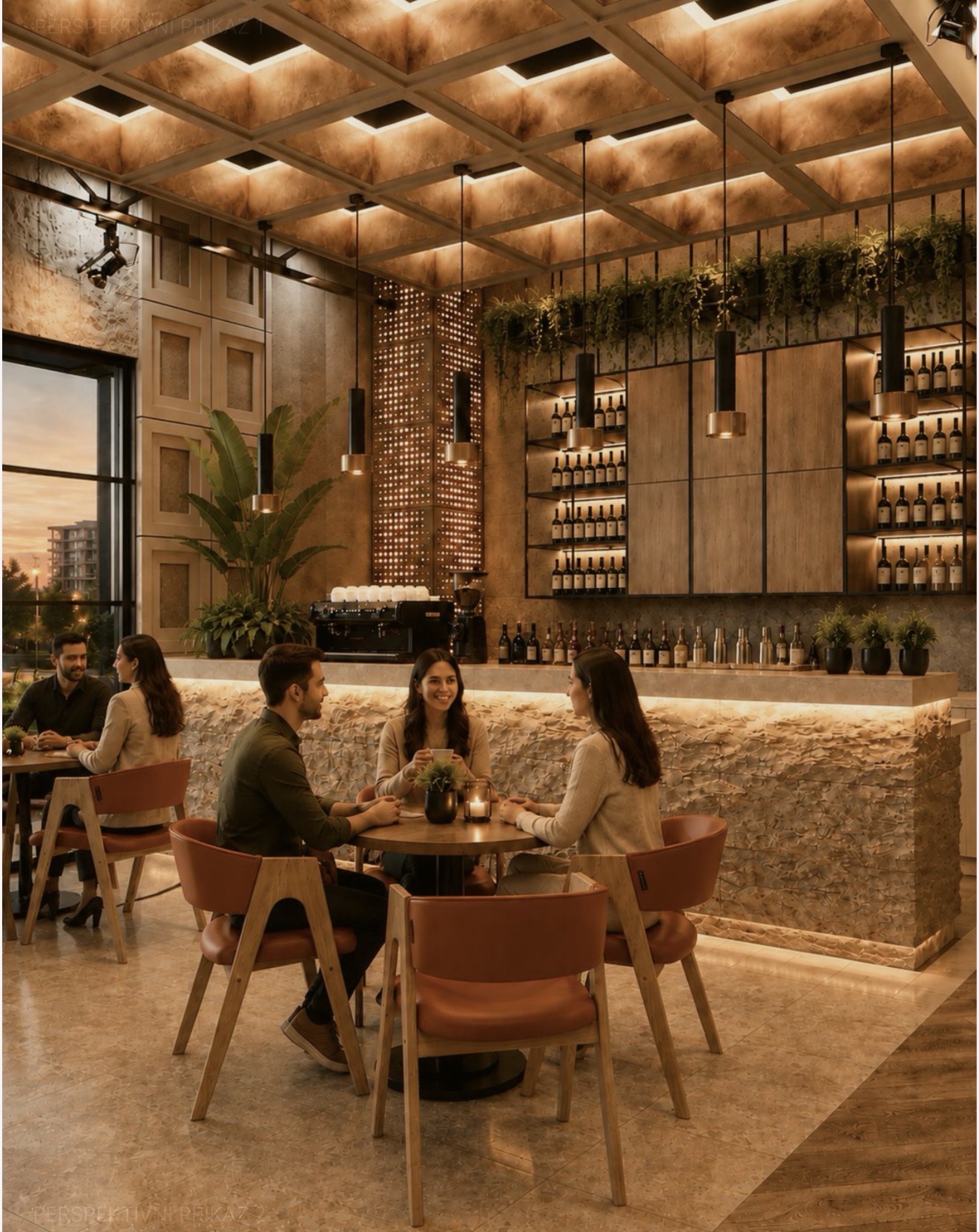 Interijer VERO Lounge Bara u Šibeniku u toplom ambijentalnom svjetlu